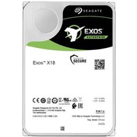 Seagate Exos X18 hard drive, white and black casing, green accents, with branding and technical details printed on label.