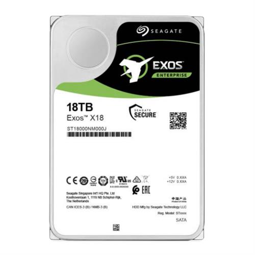 Seagate Enterprise ST18000NM000J internal hard drive featuring an 18 TB capacity, 7200 RPM speed, and a sleek silver and green design with a prominent logo and model information.