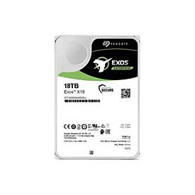 Seagate Exos 18TB internal hard drive featuring a sleek black and white design, with a prominent green logo and detailed specifications on the label, designed for enterprise use.