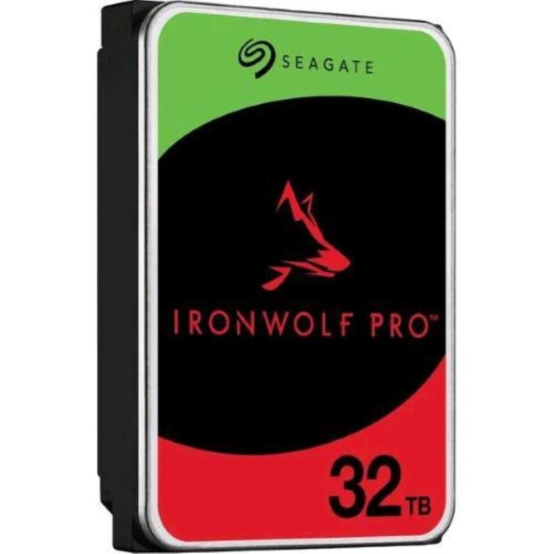 Seagate 32TB IronWolf PRO NAS HDD features a black and red design with a prominent logo, 7200RPM speed, and 512MB cache, ideal for high-performance storage solutions.