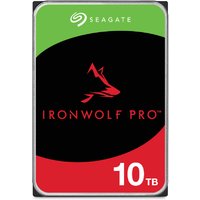 Seagate IronWolf Pro 10TB internal hard drive with red and green label, black center, and wolf logo.