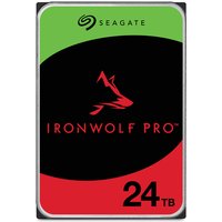 Seagate IronWolf Pro 24TB internal hard drive with red and black label, green top, and 7200 RPM speed.