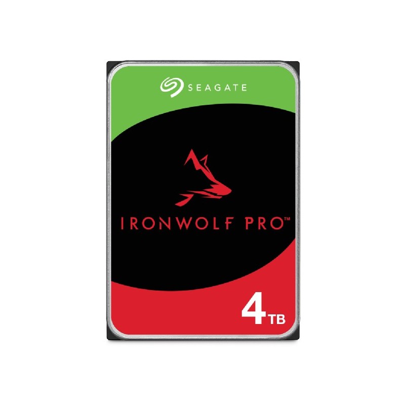 Seagate 4TB IronWolf PRO NAS HDD features a black and red design with a prominent wolf logo, 7200RPM speed, and 128MB cache, suitable for high-performance storage.
