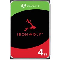 Seagate IronWolf 4TB internal hard drive with black, red, and green label, featuring wolf logo and 5400 RPM speed.