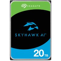 Seagate SkyHawk AI 20TB internal hard drive with black and green label featuring a blue hawk logo.