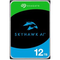 Seagate SkyHawk 12 TB internal hard drive, black with blue and green label, featuring a hawk logo and 7200 RPM speed.