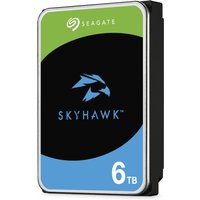 Seagate SkyHawk 6TB internal hard drive, black casing, blue and green label with bird logo and white text.