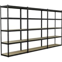 Black metal 3-piece racking unit with five wooden shelves, 220kg capacity per level, by Sealey.
