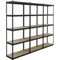 Black metal 3-piece racking unit with five wooden shelves, 340kg capacity per level, by Sealey.