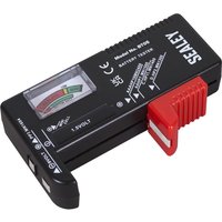 Black Sealey BT05 battery tester with red slider, analog display, and labeled ports for various battery types.