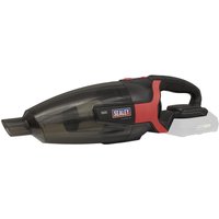 Black and red Sealey cordless handheld vacuum cleaner with ergonomic handle and transparent dust container.