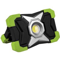 Black and green Sealey rechargeable COB LED floodlight with star-shaped design and built-in power bank.
