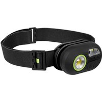 Black Sealey LED head torch with adjustable strap, sensor function, and green accents around the light lens.