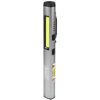 Silver Sealey rechargeable UV LED pocket inspection light with black clip and integrated laser pointer.
