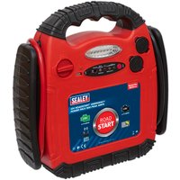 Red Sealey RoadStart jump starter with black handles, LED indicators, and power pack features.
