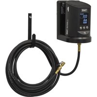 Black Sealey SA450 wall mount digital tyre inflator with LED display, control buttons, and coiled hose with nozzle.