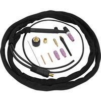 Black Sealey TIG10S welding torch with pink ceramic nozzles, brass fittings, and a flexible hose.