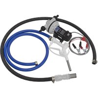 Sealey TP99 automotive liquid transfer pump with black motor, blue and black hoses, and white nozzle.