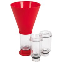 Red and clear plastic Sealey VS7101 engine oil funnel set with three adapters for various car brands.