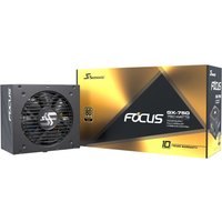 Black Seasonic Focus GX 750W ATX power supply with 20+4 pin connector, featuring a cooling fan and gold-accented packaging.