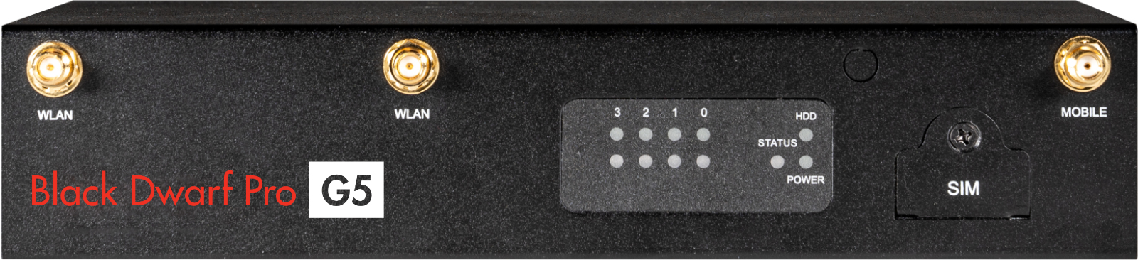 Black Dwarf Pro G5 hardware firewall in black metal, featuring two WLAN antennas, LED status indicators, a power button, and a SIM card slot.