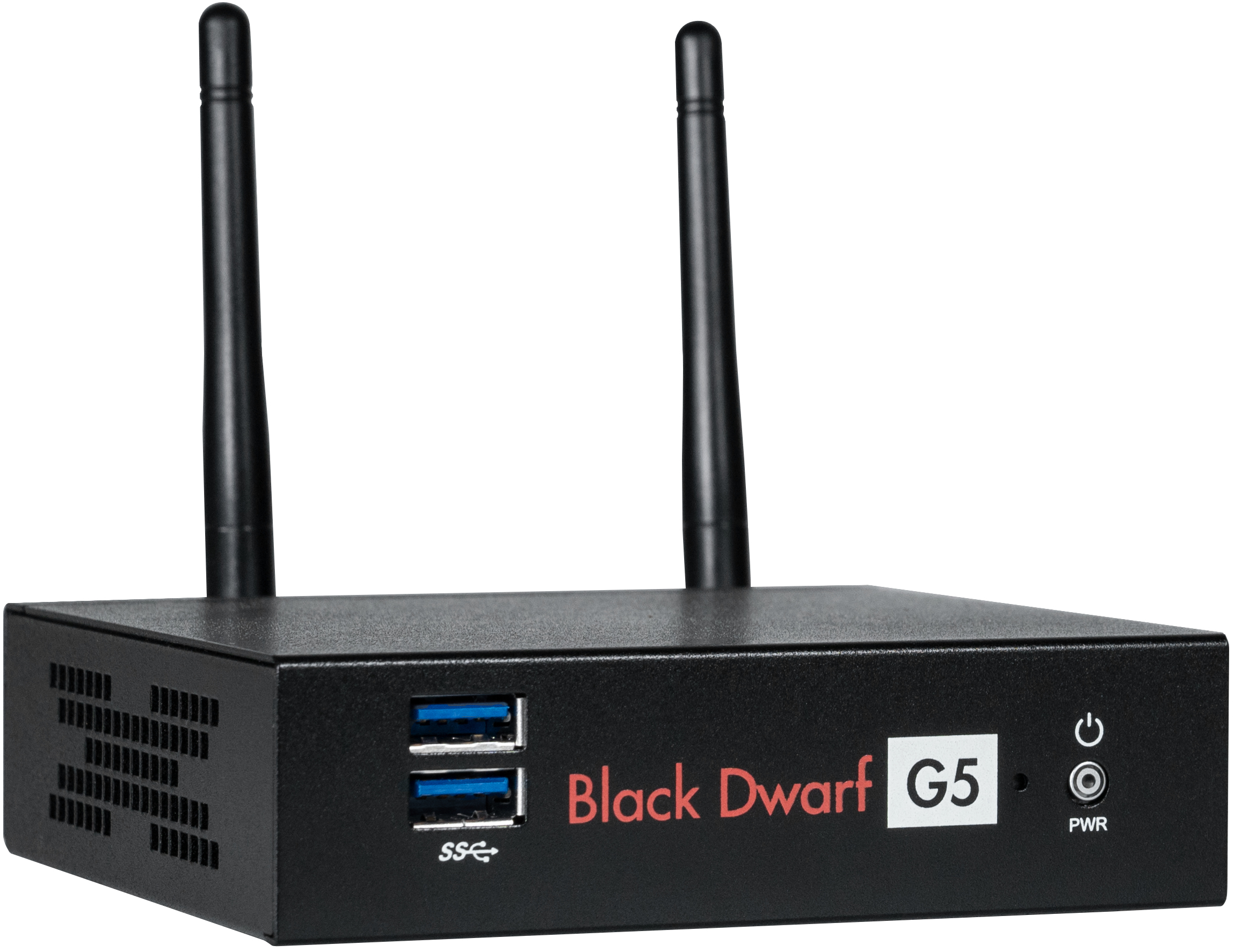 Compact black device with two antennas, featuring two blue USB ports, a power button, and labeled "Black Dwarf G5," designed for secure service for up to 10 users.