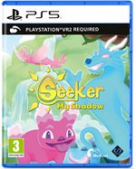 Colorful game cover featuring a pink cat and a blue dragon, with the title "Seeker My Shadow" prominently displayed, set against a whimsical, vibrant background.