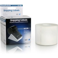 Seiko Instruments SLP-SRL white self-adhesive printer label roll with packaging box featuring product details.