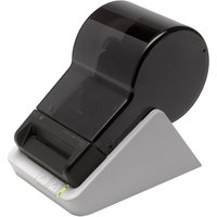Black and gray Seiko Instruments label printer with a sleek, curved design and a front-loading label slot.