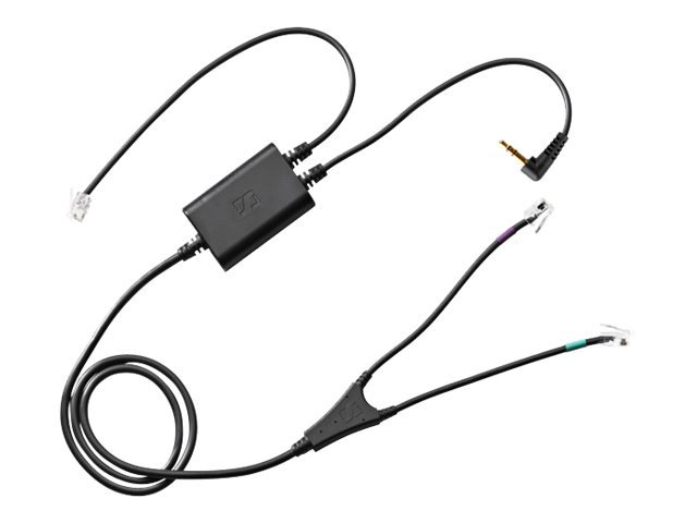 Black Sennheiser CEHS-PA 01 adapter with a 3.5mm jack and RJ-9 connector, featuring a compact design and a control box with a volume adjustment button.