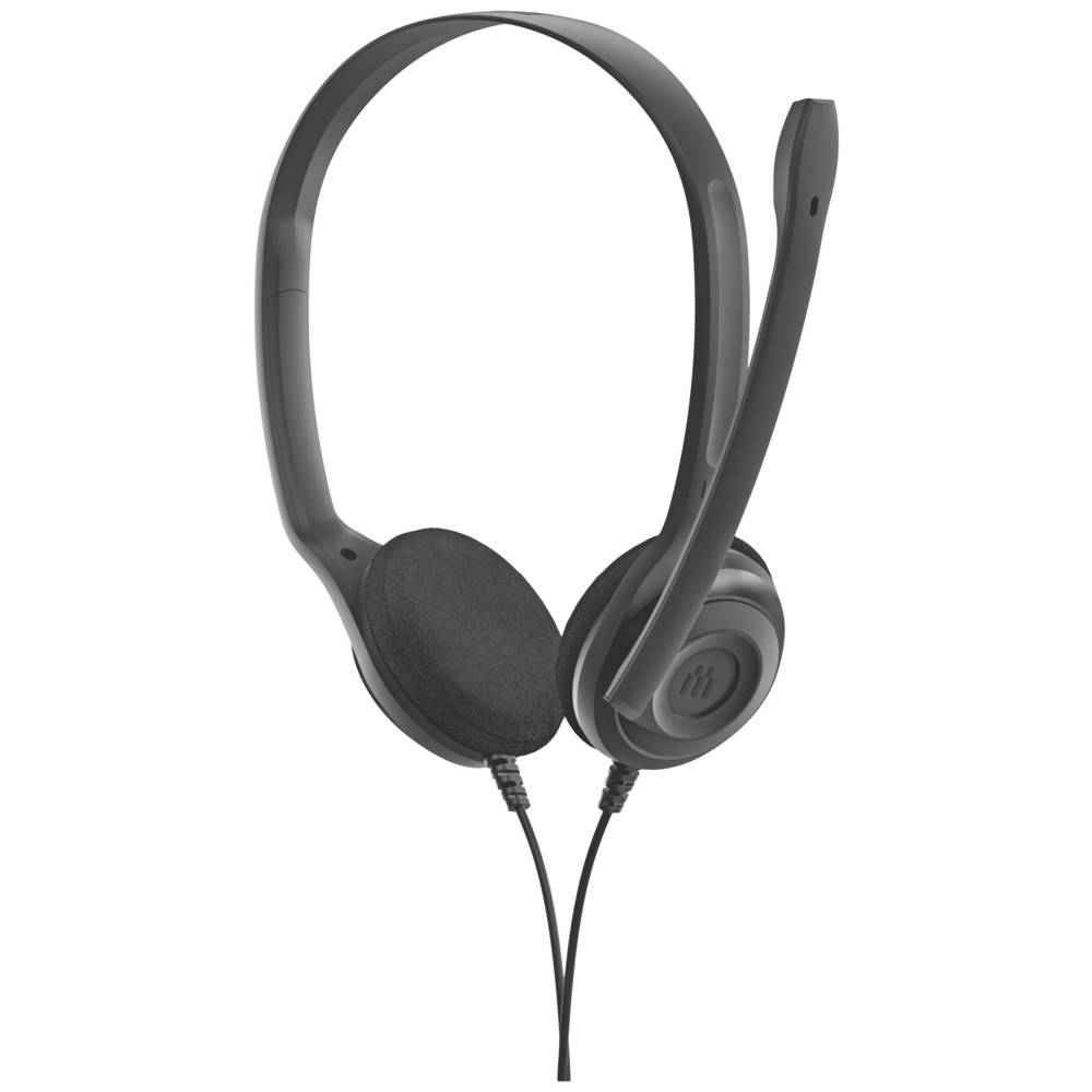 Black over-ear headphones with a lightweight design, featuring soft ear cushions and a flexible boom microphone for clear communication.