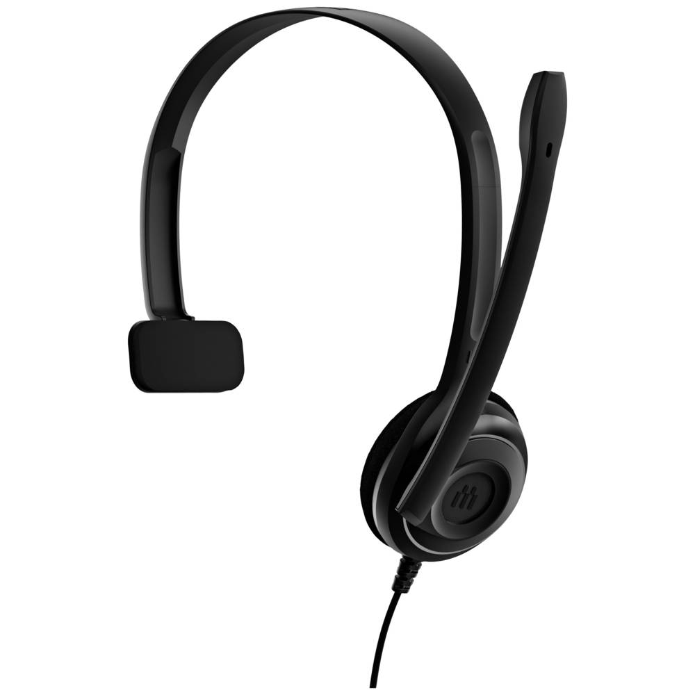 Black mono headset with a flexible microphone, lightweight design, and a single ear cup, featuring a USB connection for easy compatibility with PCs.