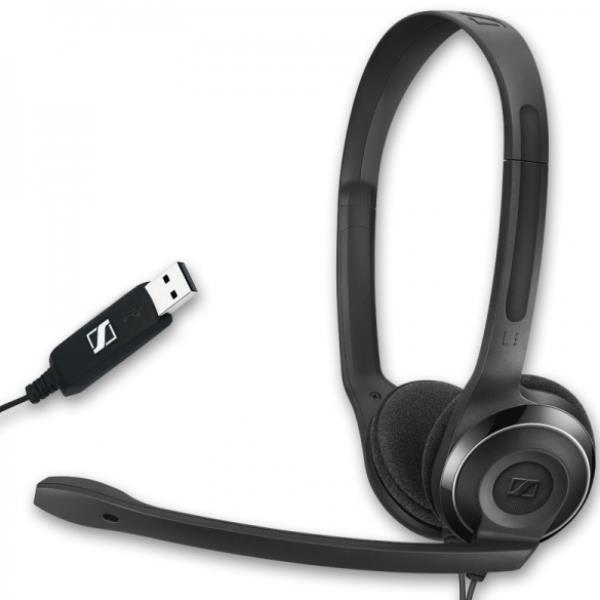 Black on-ear headset with a sleek design, featuring a USB connector, adjustable headband, and a flexible microphone boom for muting.