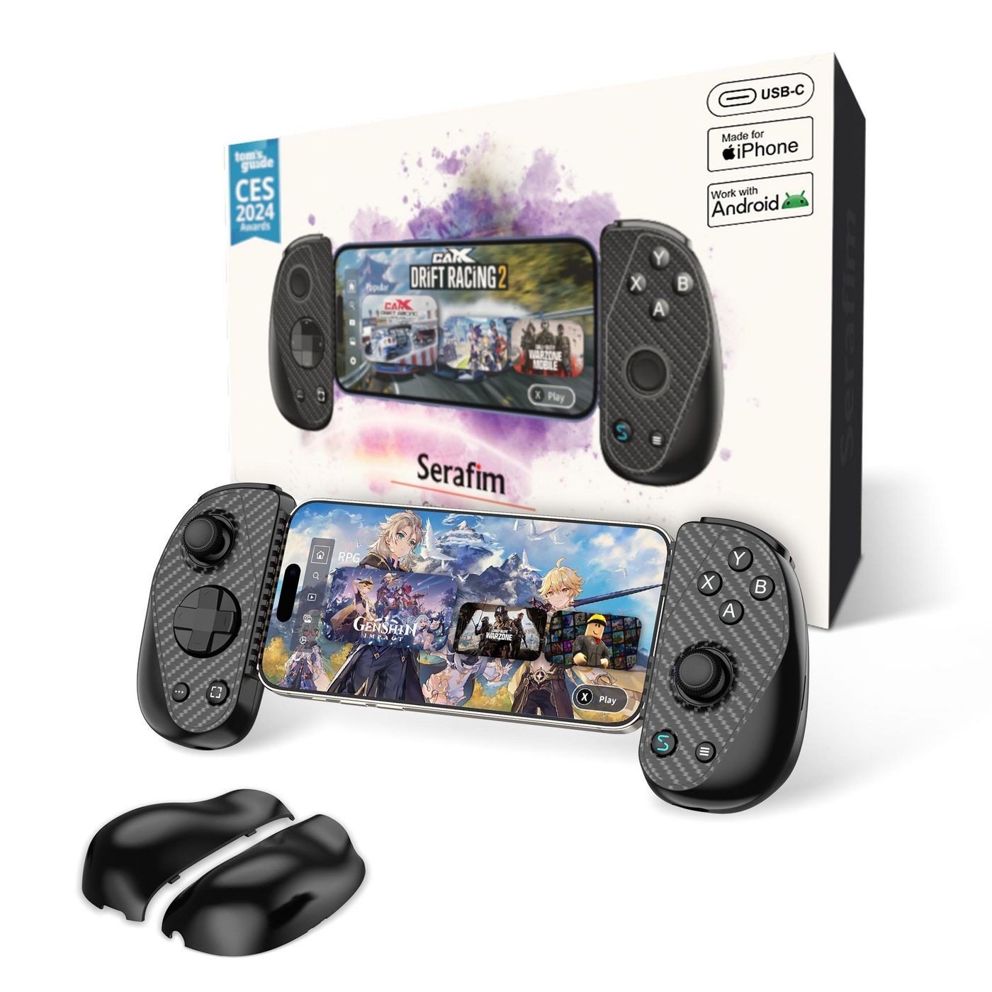 Black Serafim S3 Cloud Gaming Controller with textured grips, featuring analog sticks, buttons, and a USB-C connection, alongside its packaging displaying game graphics.