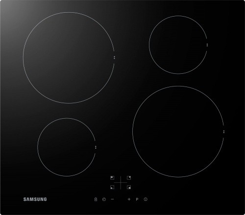 Black Samsung induction hob featuring four circular cooking zones, auto pan detection, and a sleek glass surface with touch controls below.