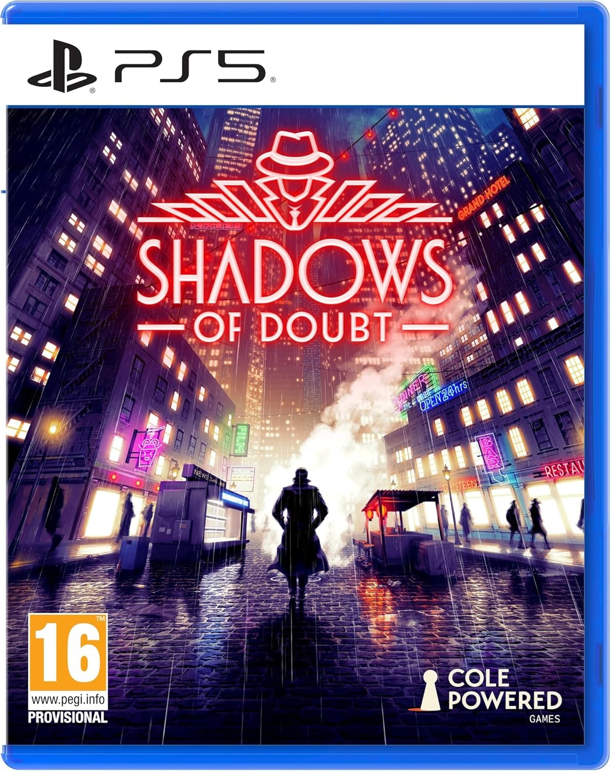 Cover art for "Shadows of Doubt" on PS5 features a neon-lit cityscape with a mysterious figure in a trench coat, vibrant colors, and a stylish retro design.