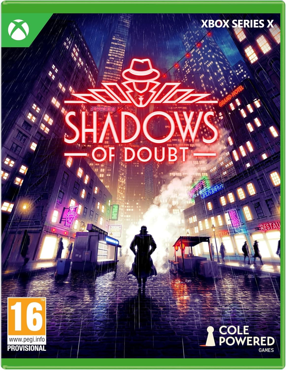 Cover art for "Shadows of Doubt" features a silhouetted figure in a trench coat against a neon-lit cityscape, with vibrant colors and a rainy atmosphere, framed in green for Xbox Series X.