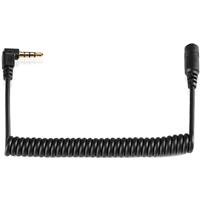 Coiled black cable with a male 3.5mm connector at one end and a female 3.5mm connector at the other, designed for audio connections.