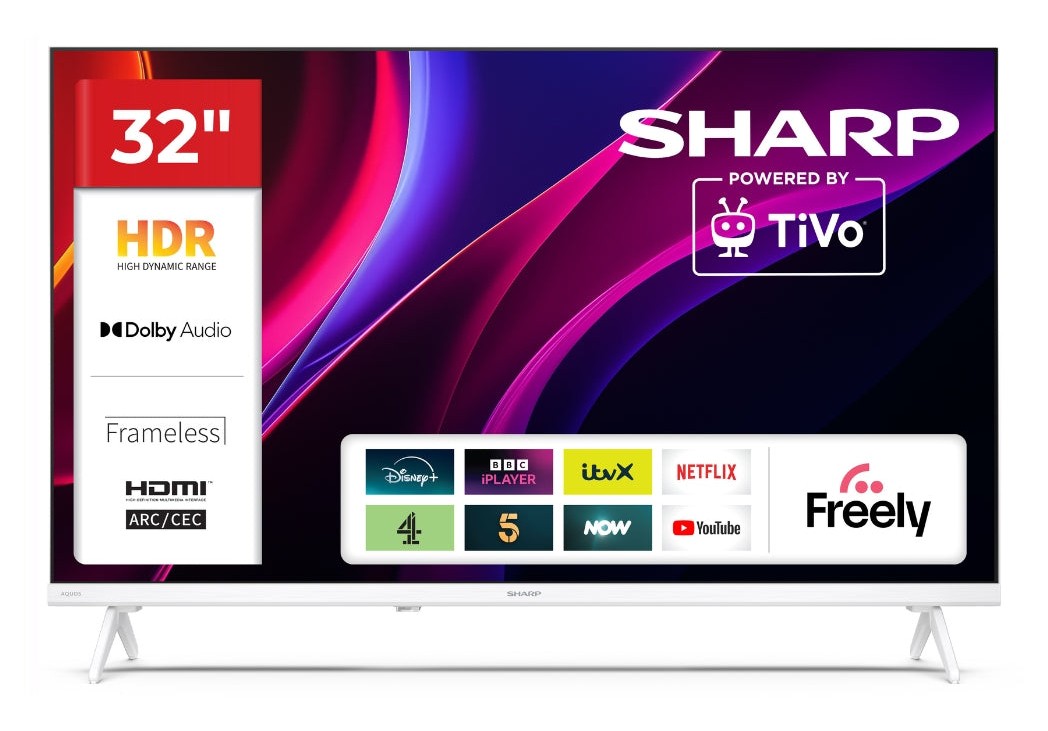 Sharp 32" HD Smart TV in black with a sleek design, featuring vibrant colors on the screen, HDR, and various streaming app icons displayed.