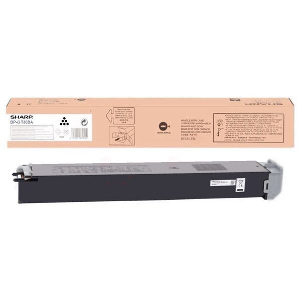 Sharp BP-B50GTA toner cartridge in a sleek black design, featuring a label with product details and packaging in light brown, capable of printing 30,000 pages.