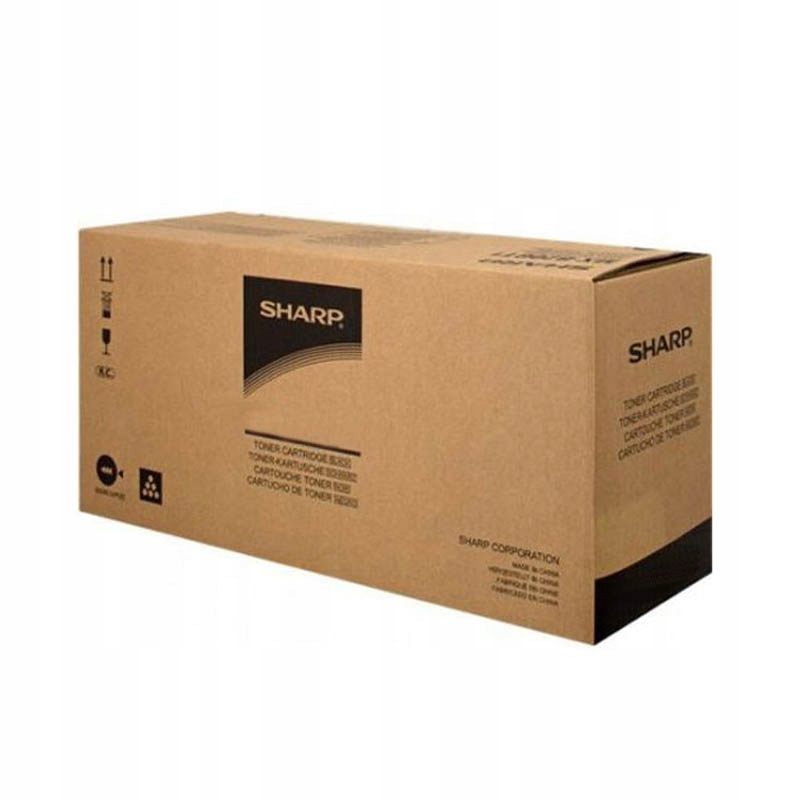 Brown cardboard box labeled "SHARP," containing black toner cartridge for Sharp BP-30 C, with specifications indicating 20K pages and ISO/IEC 19752 compliance.