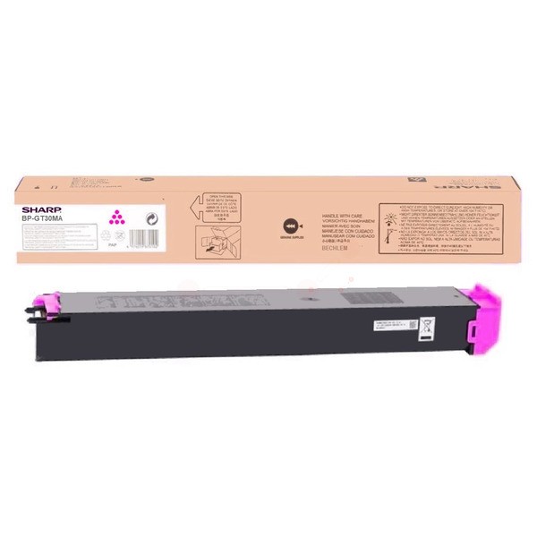 Magenta toner cartridge Sharp BP-GT30MA, designed for Sharp BP-30, with a 15K page yield, featuring a black body and bright pink end caps, packaged in a cardboard box.