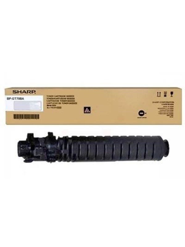 Black toner cartridge with a ribbed exterior, labeled "Sharp BP-GT70BA," packaged in a brown box indicating compatibility for 40,000 pages, ISO/IEC 19752 compliant.