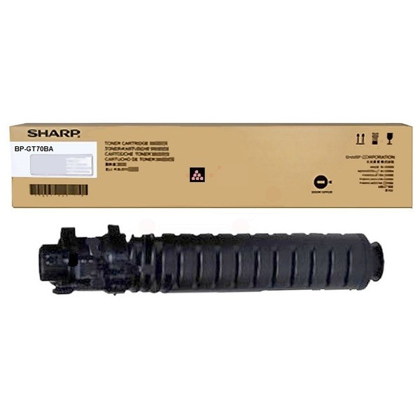 Black toner cartridge with a cylindrical design, featuring grooves along the body, labeled "Sharp BP-GT70BB" and housed in a brown cardboard box with product details.