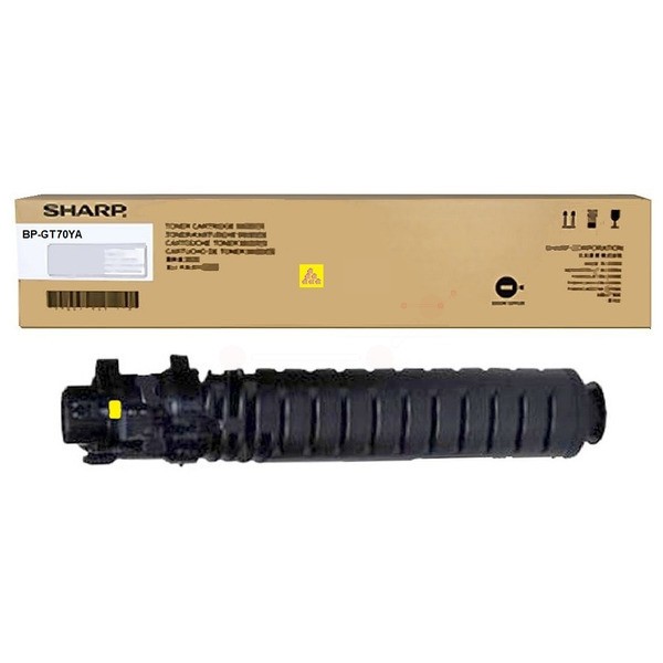 Yellow toner cartridge in a black cylindrical casing with grooves, labeled "Sharp BP-GT70YB," packaged in a brown cardboard box with product details and a warning symbol.