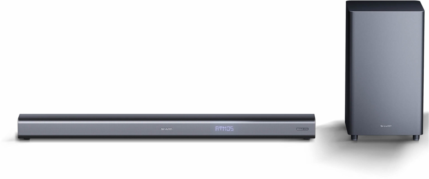 Metallic gray Sharp HT-SBW460 soundbar featuring a sleek design with 3.1 channels and 440 W, accompanied by a matching subwoofer for enhanced audio performance.