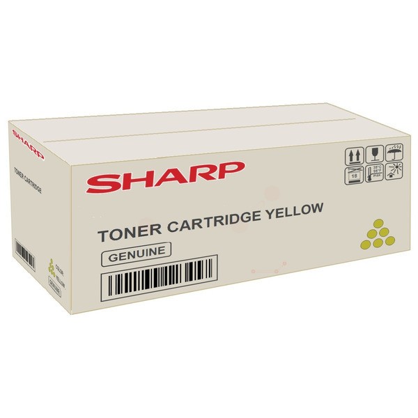 Yellow toner cartridge box for Sharp printers, labeled "SHARP" and "TONER CARTRIDGE YELLOW," with a barcode and icons indicating compatibility and genuine product status.