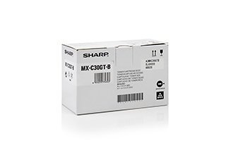 White cardboard box with Sharp branding, labeled "MX-C30GT-B," containing black toner cartridge for printers, featuring barcode and recycling symbols.