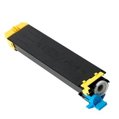 Yellow toner cartridge with a 6K yield, featuring a black body, blue and yellow accents, and a gear mechanism for printer compatibility.