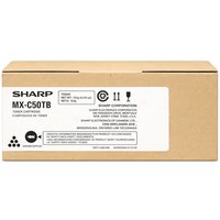 Brown box of Sharp MXC-50TB black toner cartridge for MX-C 407 F, labeled with product details and icons.